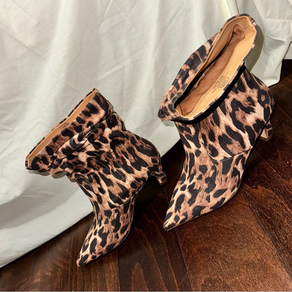 Kitten Heel Jessica Simpson Leopard Heeled Boots with Pointed Toe & Ruched Ankle - Picture 5 of 16